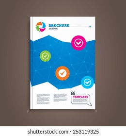 Brochure or flyer design. Check icons. Checkbox confirm circle sign symbols. Book template. Vector