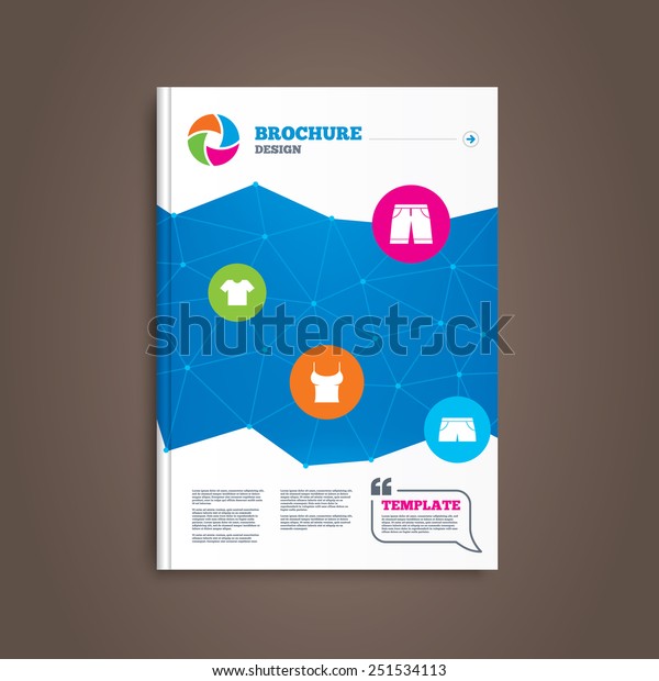Brochure or\
flyer design. Clothes icons. T-shirt and bermuda shorts signs.\
Swimming trunks symbol. Book template.\
Vector