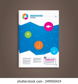 Brochure or flyer design. Fishing icons. Fish with fishermen hook sign. Float bobber symbol. Book template. Vector
