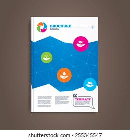 Brochure or flyer design. Helping hands icons. Intellectual property insurance symbol. Delivery truck sign. Save nature leaf and water drop. Book template. Vector