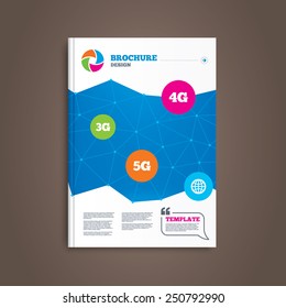 Brochure or flyer design. Mobile telecommunications icons. 3G, 4G and 5G technology symbols. World globe sign. Book template. Vector