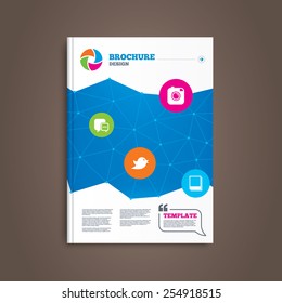 Brochure or flyer design. Social media icons. Chat speech bubble symbol. Hipster photo camera sign. Messages twitter retweet and empty photo frames. Book template. Vector