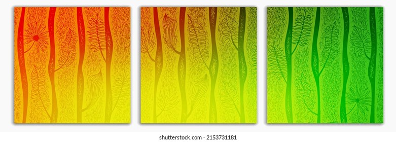 Diseño de folleto de folletos. Formato cuadrado. Fondo multicolor, árboles estilizados, hojas tropicales.