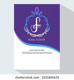 Brochure flyer design template vector.  Monogram design elements, Royal Flower on a purple background. Calligraphic elegant line art logo design. Element for design business cards, invitations.