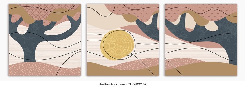 Brochure flyer design, vector background. Square format. Stylization landscape, trees and sun.