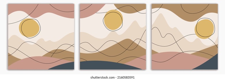 Brochure flyer design, vector background. Square format. Stylization of the mountain landscape, the sun.