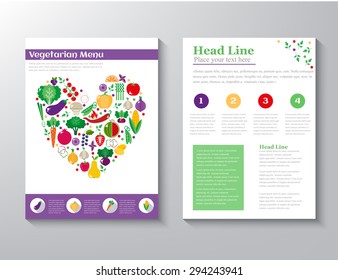 Brochure Flyer design vector layout template with an illustration of fruits and vegetables vegearianskogo menu with the concept of a healthy lifestyle. vector