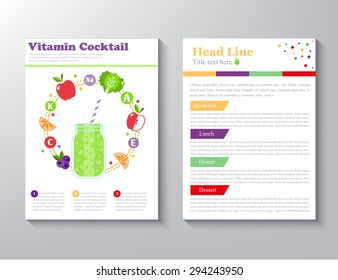 Brochure Flyer design vector layout template with an illustration of fruits and vegetables vegearianskogo menu with the concept of a healthy lifestyle. vector