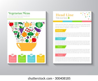 Brochure Flyer design vector layout template with an illustration of fruits and vegetables vegetarian menu with the concept of a healthy lifestyle. vector