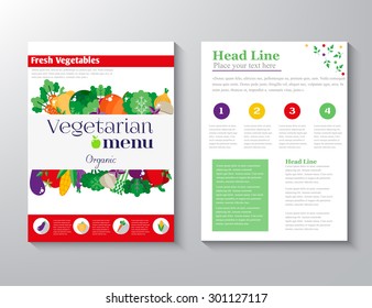 Brochure Flyer design vector layout template with an illustration of fruits and vegetables vegetarian menu with the concept of a healthy lifestyle. vector
