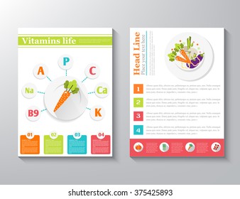 Brochure Flyer design vector layout template with an illustration of fruits and vegetables vegetarian menu with the concept of a healthy lifestyle. vector