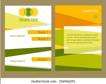 Brochure Flyer design vector template in A4 size. Orange and green abstract background.Organic food