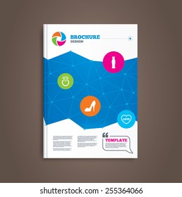 Brochure or flyer design. Wedding slim dress icon. Women's shoe and love heart symbols. Wedding or engagement day ring with diamond sign. Book template. Vector