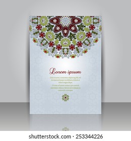 Brochure Flyer with round floral pattern. Brochure template with place for your text. Realistic shadows. Perfect for greetings, invitations or announcements.