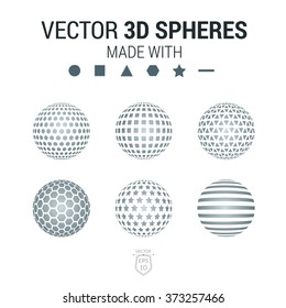 Brochure, flyer with set of 3D sphere of geometric hexagon, triangle, square,star, round, stripe shapes. Vector illustration.