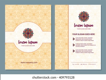 brochure or flyer template set with mandala design element logo. Abstract oriental design Layout with ottoman motifs. business card identity design