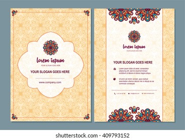 brochure or flyer template set with mandala design element logo. Abstract oriental design Layout with ottoman motifs. business card identity design