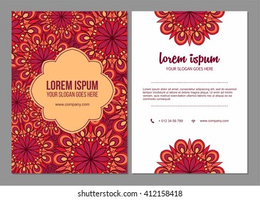 brochure or flyer template set with mandala design element logo. Abstract oriental design Layout. business card identity design