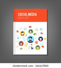 Brochure or flyer template with social media topics. Illustrates connection between people, communication or work organization.