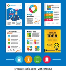 Brochure or flyers design. Battery charging icons. Electricity signs symbols. Charge levels: full, empty. Business poll results infographics. Vector