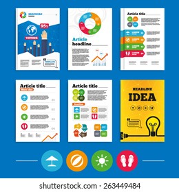 Brochure or flyers design. Beach holidays icons. Ball, umbrella and flip-flops sandals signs. Summer sun symbol. Business poll results infographics. Vector