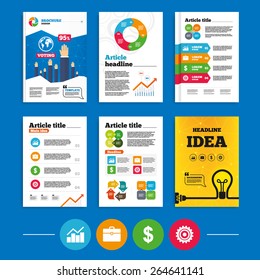 Brochure or flyers design. Business icons. Graph chart and case signs. Dollar currency and gear cogwheel symbols. Business poll results infographics. Vector