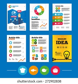 Brochure or flyers design. Chief hat and cooking pan icons. Fish and chicken signs. Boil or stew food symbol. Business poll results infographics. Vector