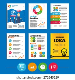 Brochure or flyers design. Diagram graph Pie chart icon. Presentation billboard symbol. Supply and demand. Man standing with pointer. Business poll results infographics. Vector