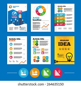 Brochure or flyers design. Energy efficiency icons. Lamp bulb and house building sign symbols. Business poll results infographics. Vector