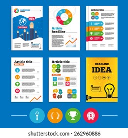 Brochure or flyers design. First place award cup icons. Laurel wreath sign. Torch fire flame symbol. Prize for winner. Business poll results infographics. Vector