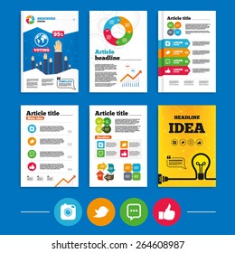 Brochure or flyers design. Hipster photo camera icon. Like and Chat speech bubble sign. Hand thumb up. Bird symbol. Business poll results infographics. Vector