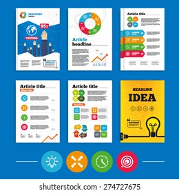 Brochure or flyers design. Lamp idea and clock time icons. Target aim sign. Darts board with arrow. Teamwork symbol. Business poll results infographics. Vector