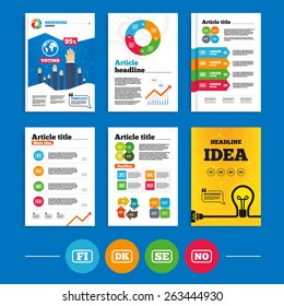 Brochure or flyers design. Language icons. FI, DK, SE and NO translation symbols. Finland, Denmark, Sweden and Norwegian languages. Business poll results infographics. Vector