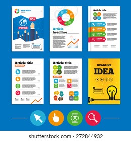 Brochure or flyers design. Mouse cursor and hand pointer icons. Hourglass and magnifier glass navigation sign symbols. Business poll results infographics. Vector