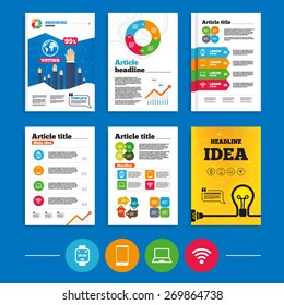 Brochure or flyers design. Notebook and smartphone icons. Smart watch symbol. Wi-fi and battery energy signs. Wireless Network symbol. Mobile devices. Business poll results infographics. Vector