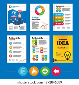 Brochure or flyers design. Plus add circle and puzzle piece icons. Document file and back arrow sign symbols. Business poll results infographics. Vector