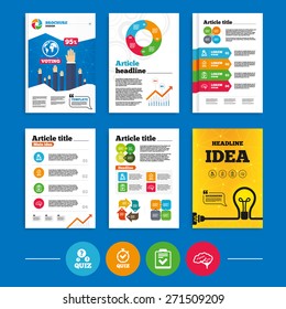 Brochure or flyers design. Quiz icons. Human brain think. Checklist and stopwatch timer symbol. Survey poll or questionnaire feedback form sign. Business poll results infographics. Vector