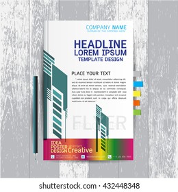 brochure, flyers, poster, design layout template in A4 size with business, abstract, background wood vector, text, Leaflet cover presentation, annual report, Pencil, Bookmarks bright, modern, Colorful