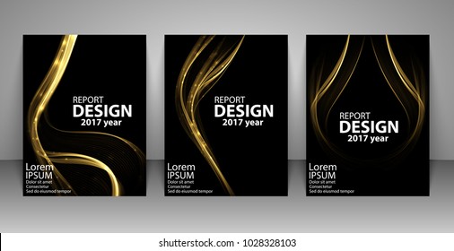 Brochure With Futuristic Gold Light Wave. Report, Flyer, Business Layout, Presentation Template A4 Size. Vector Illustration.