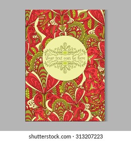 Brochure or greeting card design with zentangle style ornament.Hand drawn vector illustration.