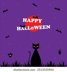 Brochure halloween minimal theme poster, Happy Halloween poster vector illustration,  bat,cat,halloween purple background