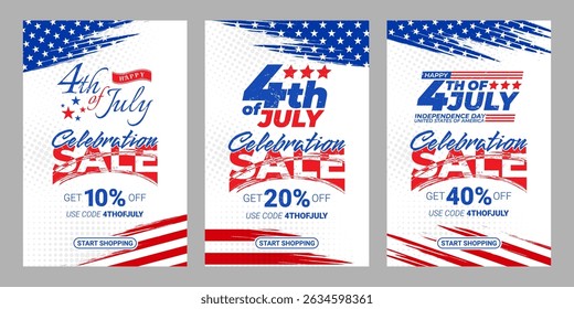 Brochure Happy 4th of July Sale template, set of abstract backgrounds waving USA flag background, fourth july sale, banner, posters, cover design templates, social media, flyer