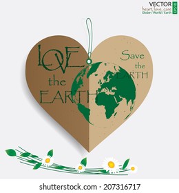 Brochure in heart shape with the green globe logo, abstract green earth design, vector illustration