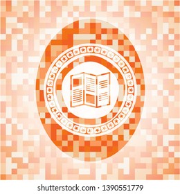 brochure icon inside abstract emblem, orange mosaic background