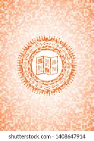 brochure icon inside abstract emblem, orange mosaic background