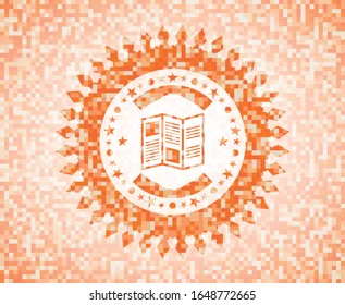icono del folleto dentro del emblema abstracto, fondo de mosaico naranja