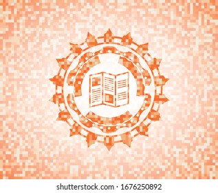 brochure icon inside abstract emblem, orange mosaic background