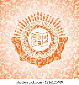 brochure icon inside abstract orange mosaic emblem with background