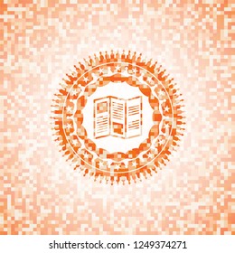 brochure icon inside abstract orange mosaic emblem