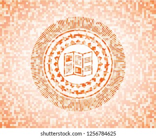 brochure icon inside abstract orange mosaic emblem